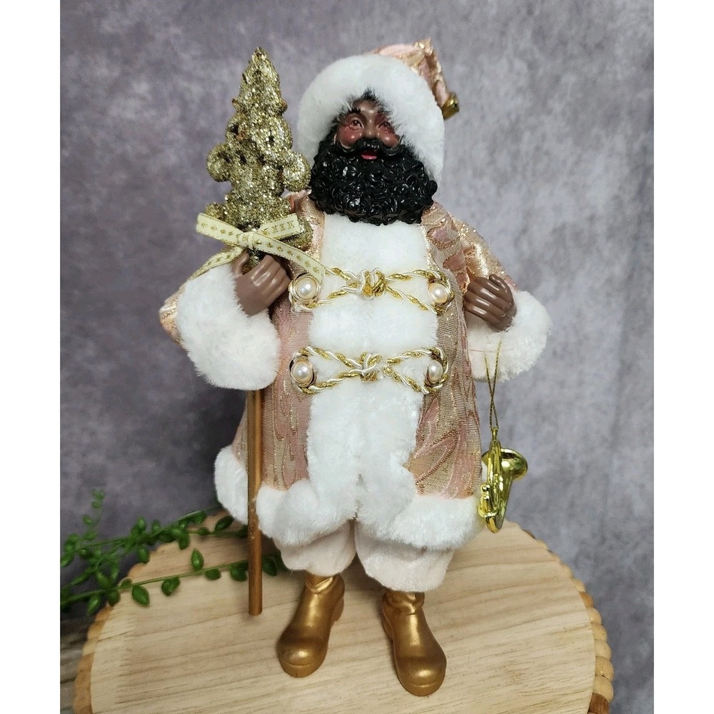 African American Pink Shabby Chic Santa Claus Doll Figurine Statue Tabletop 11"‎
